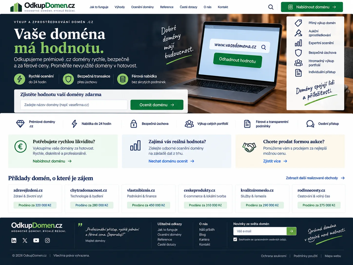 Ilustrační návrh doménového webu v tmavě modré, zelené a bílé s notebookem